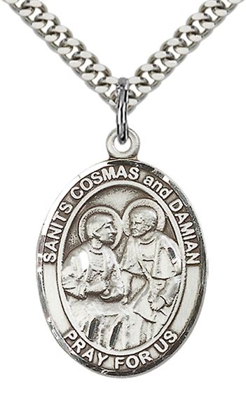 STERLING SILVER STS COSMAS & DAMIAN DOCTORS PENDANT ON A CHAIN - 1" x 3/4"